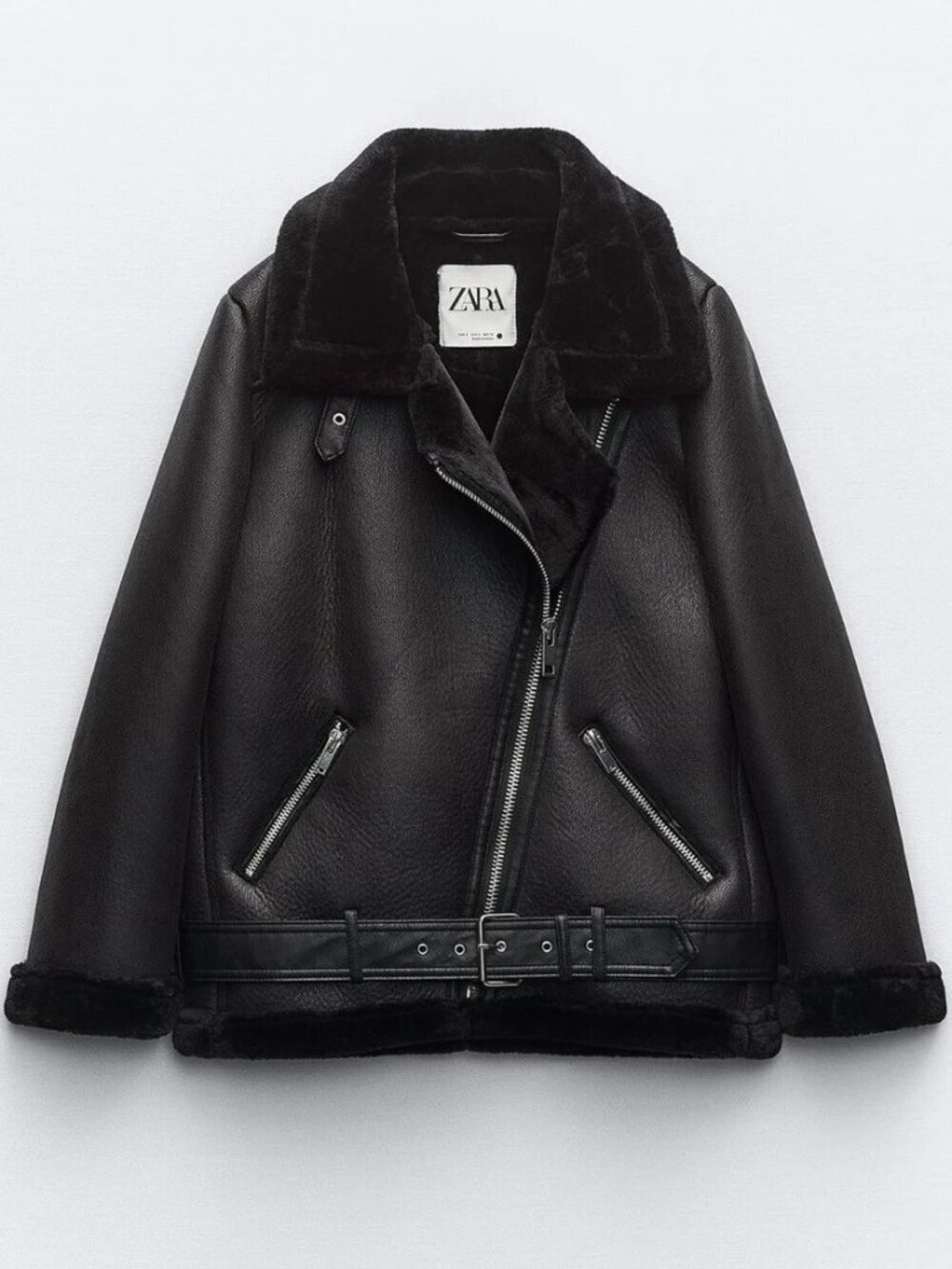 Zara Black Double-Faced Faux Shearling Biker Jacket